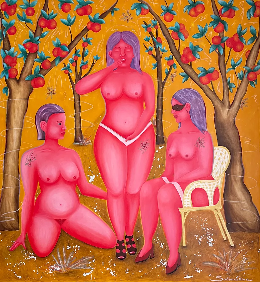 Image of In the garden by Soloninkina, size: 134/144 cm, made of oil, oil pastel, canvas, Painting medium, from Warsaw